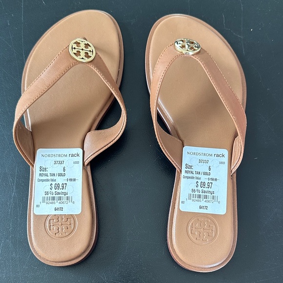 Tory Burch Shoes - Tory Burch Tan Leather Thong Sandals with Gold Logo